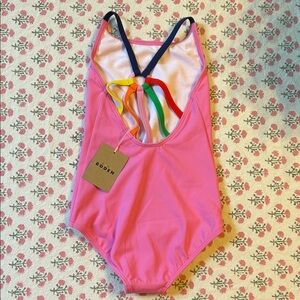 NWT Mini Boden Girls Pink One Piece with Colorful Rainbow Straps, 5-6Y